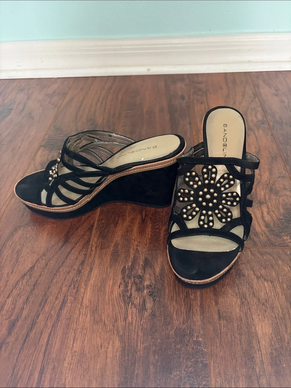 Bandolino Black Suede Floral Studded Wedge Sandals